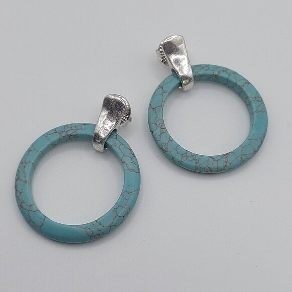 Robert Lee Morris Soho Signed Turquoise 2" Hoops earrings silver - Picture 5 of 7